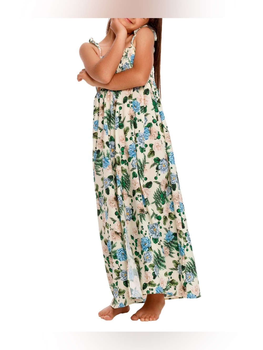 Agua Bendita Cream Maxi Dress with Blue and Green Floral Print